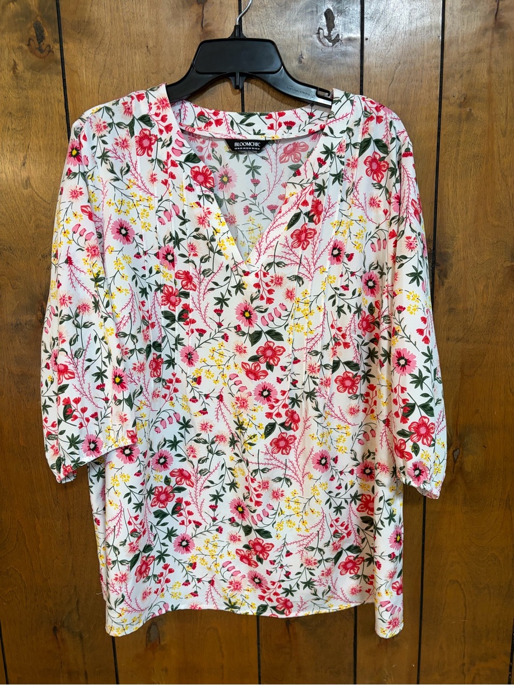 BloomChic Floral V-Neck Tunic Top - White, Pink, Red, Yellow, Green